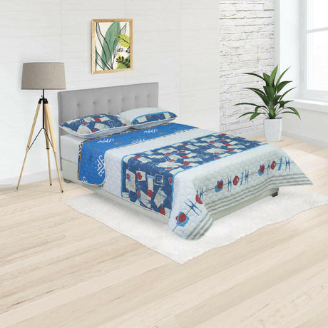 Cubrelecho Doble Faz Convex Blanco y Azul Para Cama Doble 140 X 190 Cm de Símbolos Espaciales - Tendidos y Cubrelechos | Bylmo