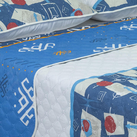 Cubrelecho Doble Faz Convex Blanco y Azul Para Cama Doble 140 X 190 Cm de Símbolos Espaciales - Tendidos y Cubrelechos | Bylmo