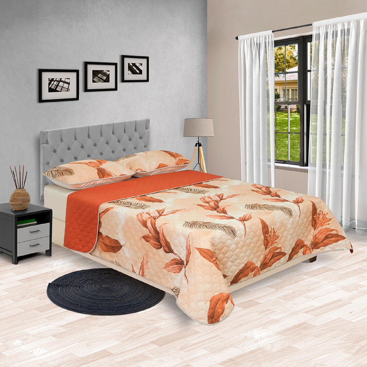 Cubrelecho Doble Faz Barcelona Naranja Para Cama Doble 140 X 190 Cm de Hojas - Tendidos y Cubrelechos | Bylmo