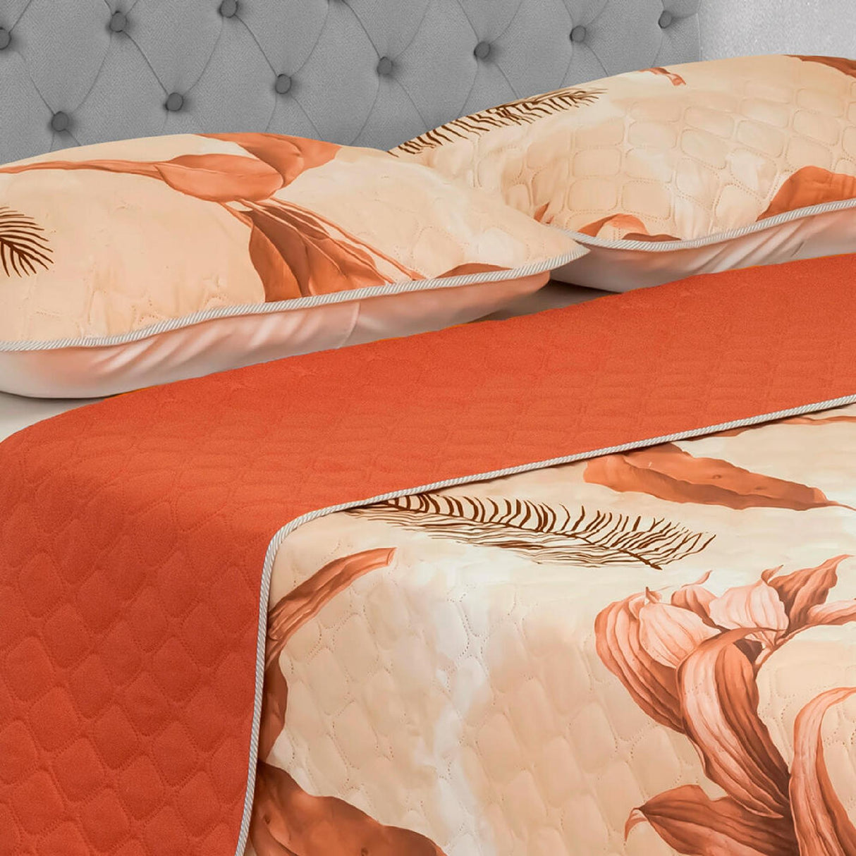 Cubrelecho Doble Faz Barcelona Naranja Para Cama Doble 140 X 190 Cm de Hojas - Tendidos y Cubrelechos | Bylmo