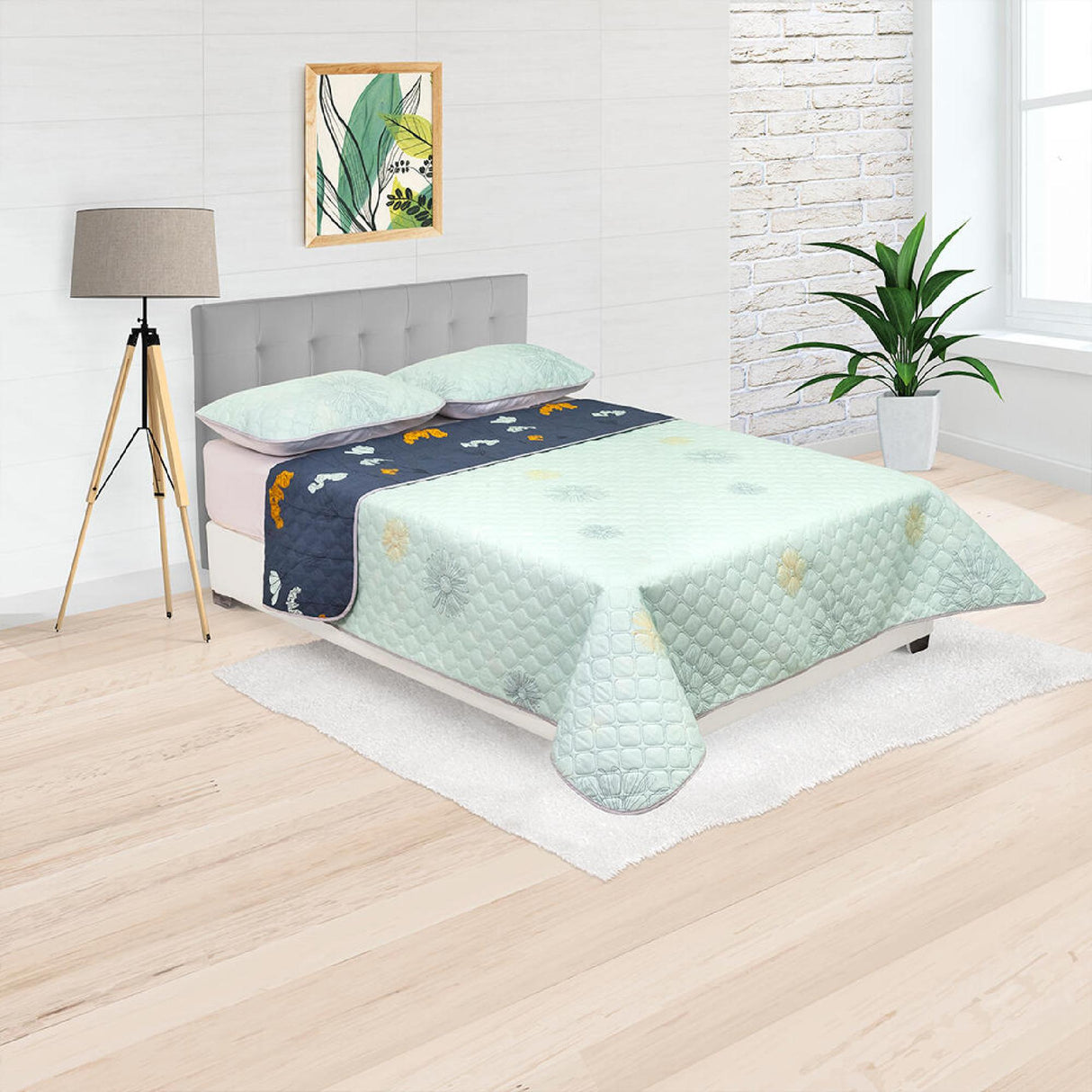 Cubrelecho Doble Faz Style Aguamarina Para Cama Doble 140 X 190 Cm de Flores - Tendidos y Cubrelechos | Bylmo