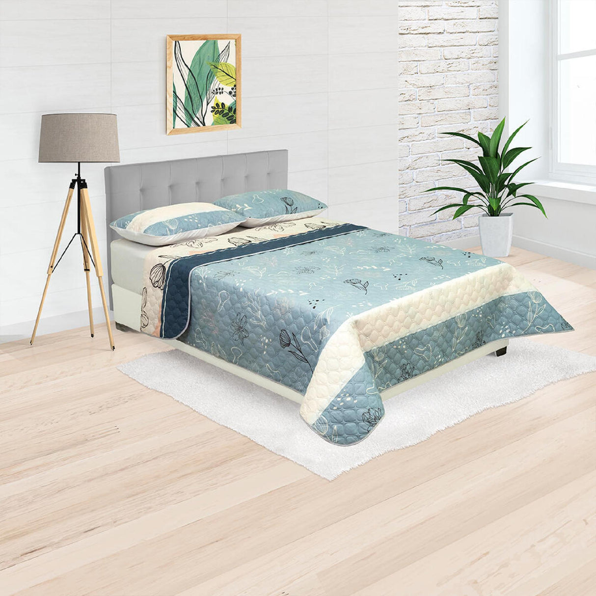 Cubrelecho Doble Faz Style Verde Menta Para Cama Queen 160 X 190 Cm de Hojas - Tendidos y Cubrelechos | Bylmo