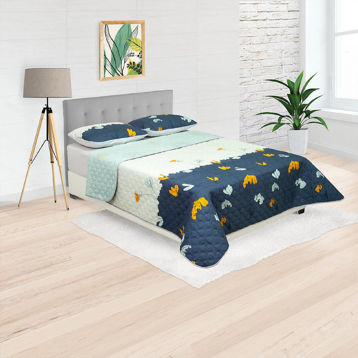Cubrelecho Doble Faz Style Azul Aguamarina Para Cama Queen 160 X 190 Cm de Flores - Tendidos y Cubrelechos | Bylmo