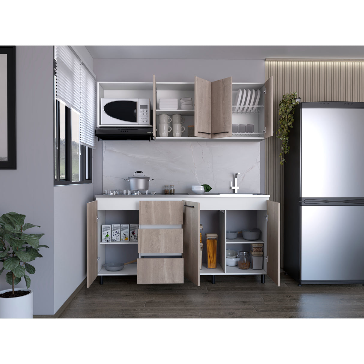 Cocina Erie Bardolino y Blanco 180x60cm Con Mesón Pozuelo Derecho y Con Estufa - Cocinas | Bylmo