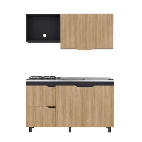 Cocina Maui Wengue y Fresno Europeo 150x60cm Con Mesón Pozuelo Derecho y Con Estufa - Cocinas | Bylmo