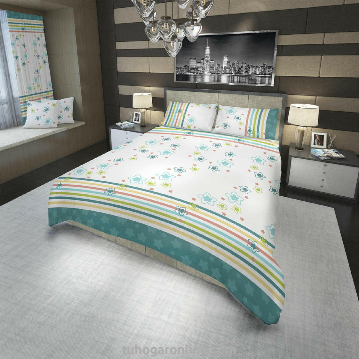 Juego de Sabanas Basic Moderno Blanco y Verde 4 Piezas King. - SABANAS | Bylmo