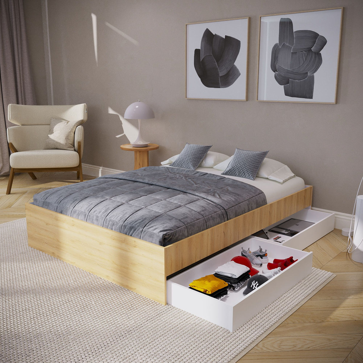 Cama Chicago Duna y Blanco Para Cama Doble 140 X 190 Sin Cabecero y Almacenamiento - Camas | Bylmo