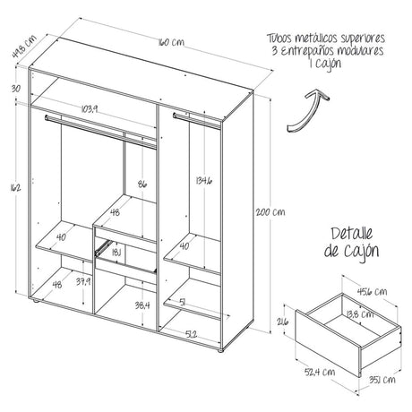 Closet Mary Gales y Wengue 160x200cm Con Dos Cajones - Closets | Bylmo