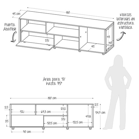 Mesa para TV Town Gales y Negro 180x55cm Para Tv Hasta 75 Pulgadas - Muebles de TV | Bylmo