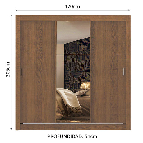 Closet Mônaco Marron 210x21.4cm con Cuatro Entrepaños Tres Puertas y Con Espejo - CLOSETS | Bylmo