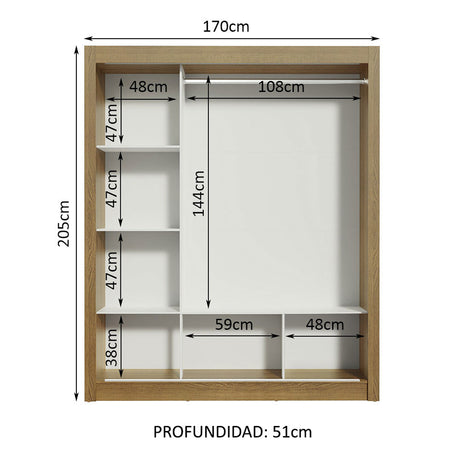 Closet Mônaco Marron 210x30cm con Cuatro Entrepaños Tres Puertas y Con Espejo - CLOSETS | Bylmo