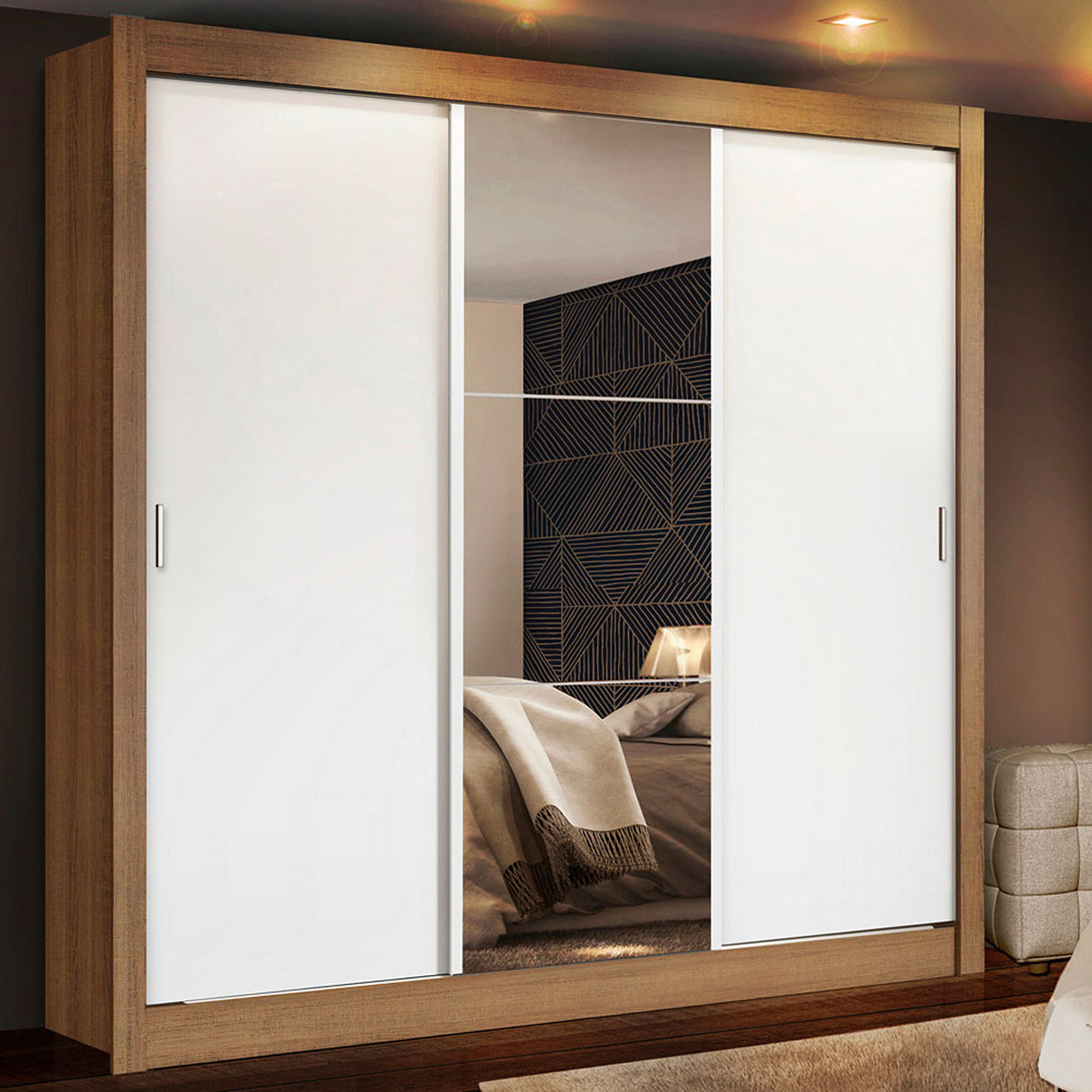 Closet Mônaco Marron y Blanco 210x21.4cm con Cuatro Entrepaños Tres Puertas y Con Espejo - CLOSETS | Bylmo