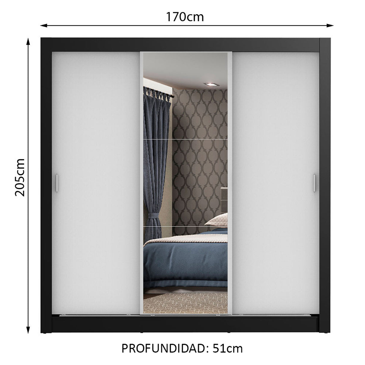 Closet Mônaco Negro y Blanco 210x21.4cm con Cuatro Entrepaños Tres Puertas y Con Espejo - CLOSETS | Bylmo