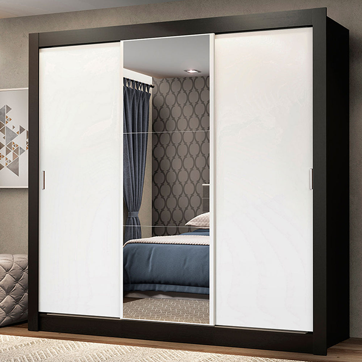 Closet Mônaco Negro y Blanco 210x21.4cm con Cuatro Entrepaños Tres Puertas y Con Espejo - CLOSETS | Bylmo