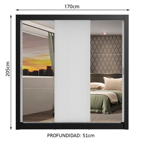 Closet Mônaco Negro y Blanco 210x25.7cm con Cuatro Entrepaños Tres Puertas y Con Espejo - CLOSETS | Bylmo