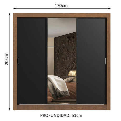 Closet Mônaco Marron y Negro 210x21.4cm con Cuatro Entrepaños Tres Puertas y Con Espejo - CLOSETS | Bylmo