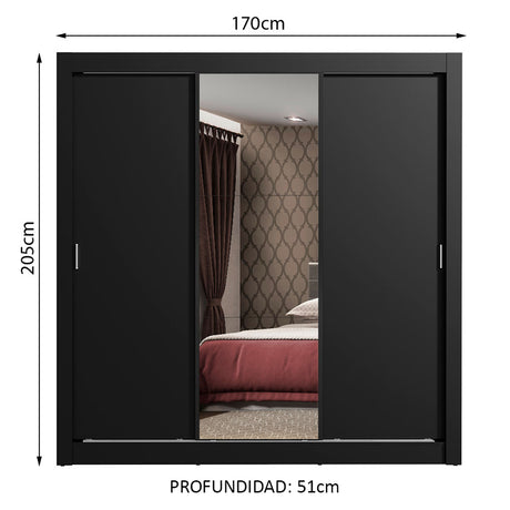 Closet Mônaco Negro 210x21.4cm con Cuatro Entrepaños Tres Puertas y Con Espejo - CLOSETS | Bylmo