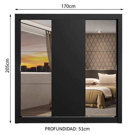 Closet Mônaco Negro 210x25.7cm con Cuatro Entrepaños Tres Puertas y Con Espejo - CLOSETS | Bylmo