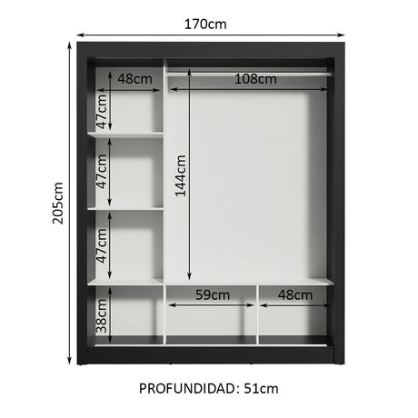 Closet Mônaco Negro 210x25.7cm con Cuatro Entrepaños Tres Puertas y Con Espejo - CLOSETS | Bylmo