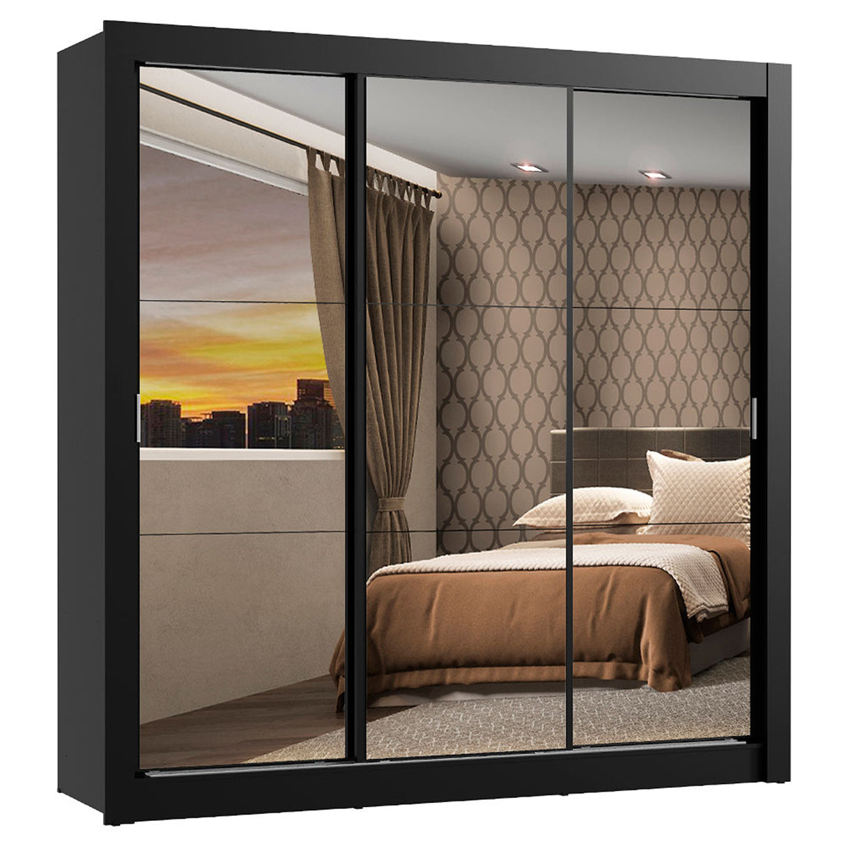 Closet Mônaco Negro 210x30cm con Cuatro Entrepaños Tres Puertas y Con Espejo - CLOSETS | Bylmo