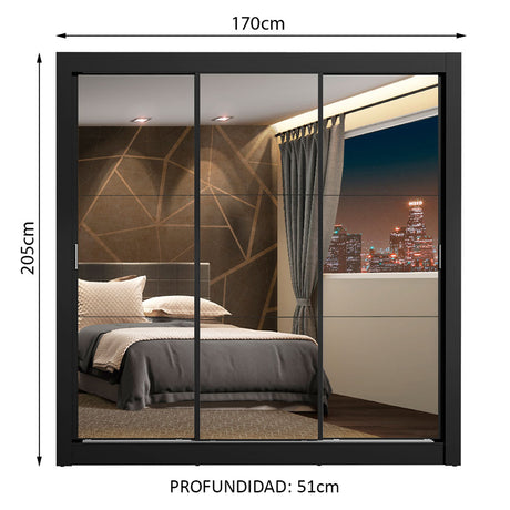 Closet Mônaco Negro 210x30cm con Cuatro Entrepaños Tres Puertas y Con Espejo - CLOSETS | Bylmo