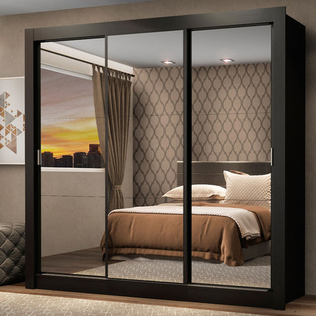 Closet Mônaco Negro 210x30cm con Cuatro Entrepaños Tres Puertas y Con Espejo - CLOSETS | Bylmo