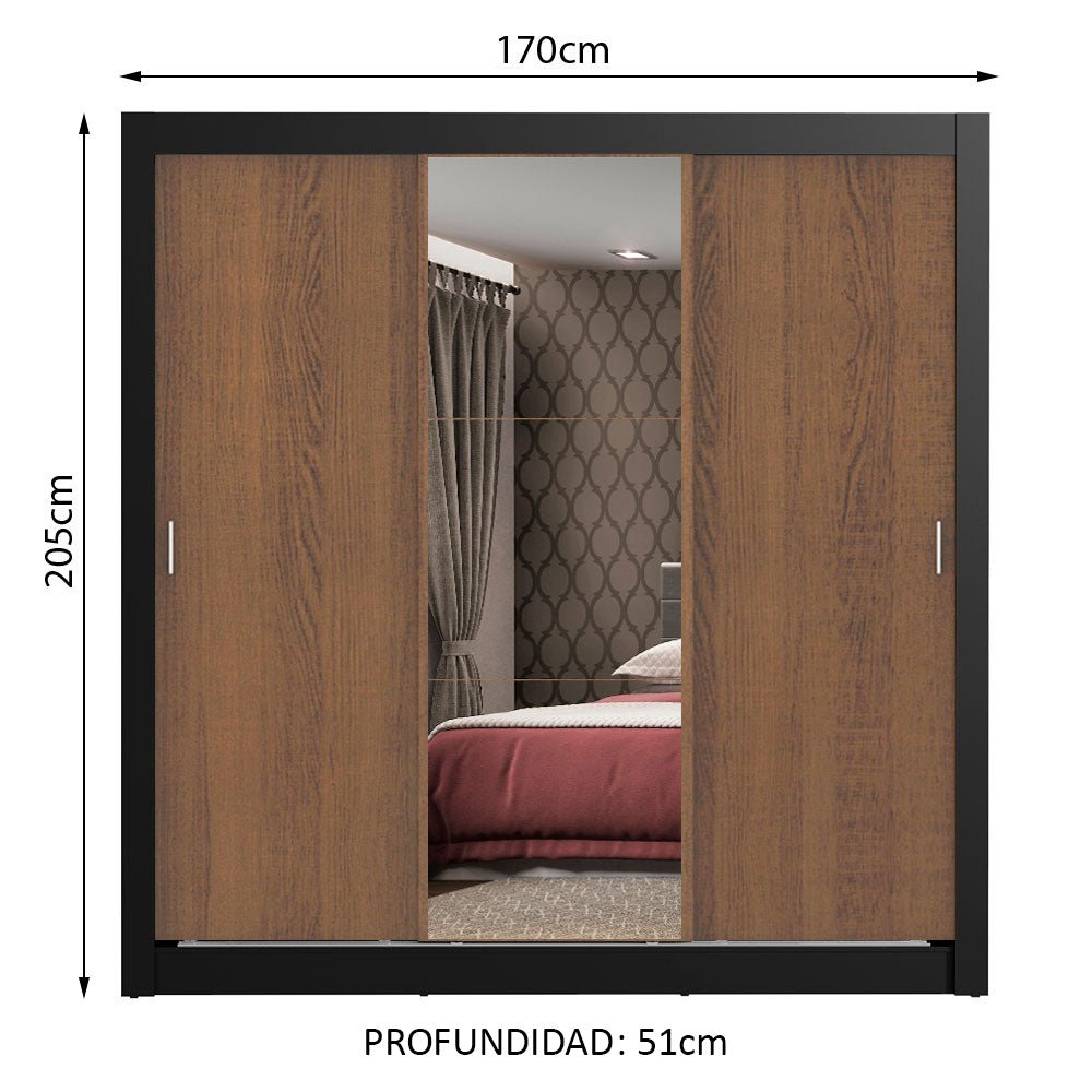 Closet Mônaco Negro y Marron 210x21.4cm con Cuatro Entrepaños Tres Puertas y Con Espejo - CLOSETS | Bylmo
