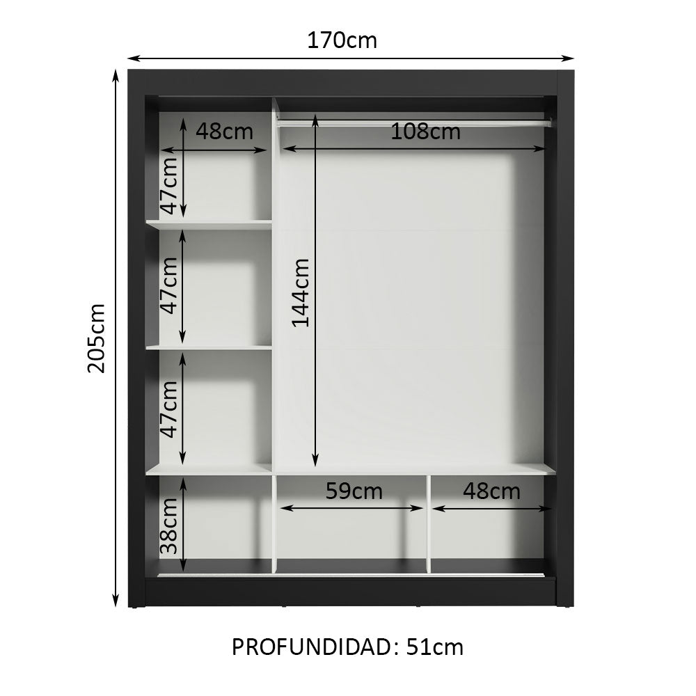 Closet Mônaco Negro y Marron 210x21.4cm con Cuatro Entrepaños Tres Puertas y Con Espejo - CLOSETS | Bylmo