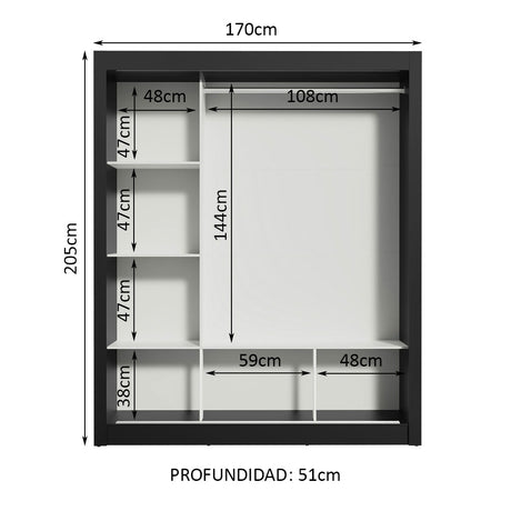 Closet Mônaco Negro y Marron 210x21.4cm con Cuatro Entrepaños Tres Puertas y Con Espejo - CLOSETS | Bylmo
