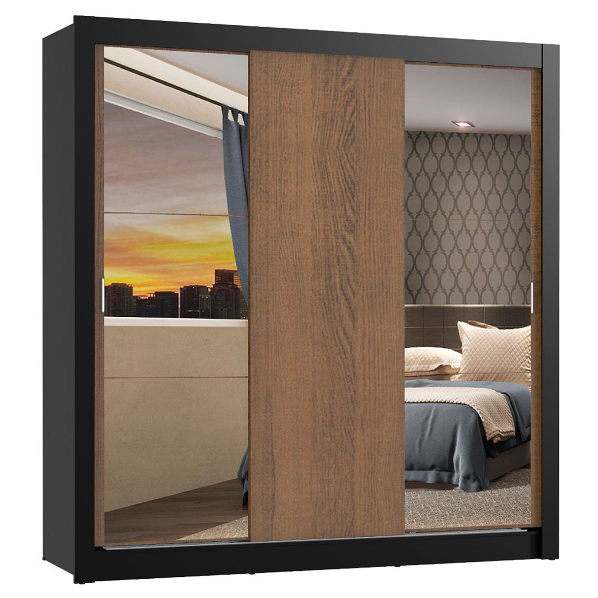 Closet Mônaco Negro y Marron 210x25.7cm con Cuatro Entrepaños Tres Puertas y Con Espejo - CLOSETS | Bylmo