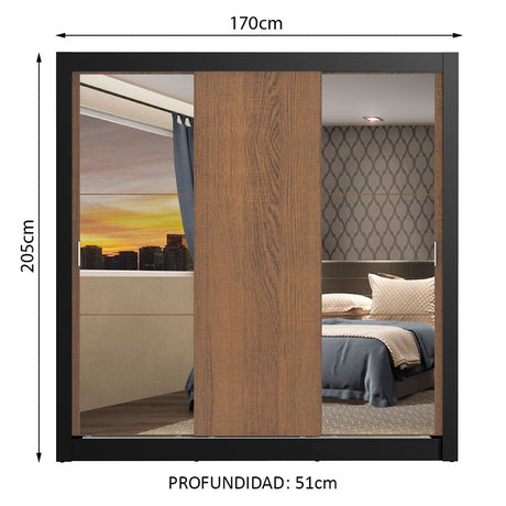 Closet Mônaco Negro y Marron 210x25.7cm con Cuatro Entrepaños Tres Puertas y Con Espejo - CLOSETS | Bylmo