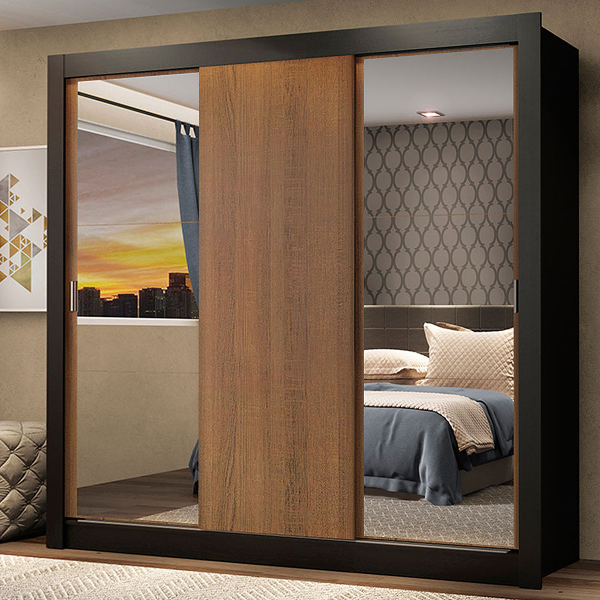 Closet Mônaco Negro y Marron 210x25.7cm con Cuatro Entrepaños Tres Puertas y Con Espejo - CLOSETS | Bylmo