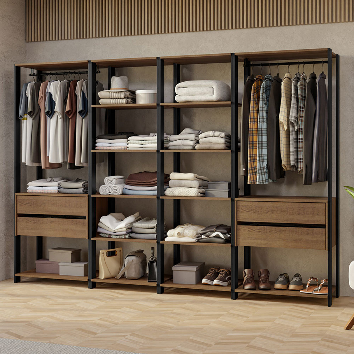 Closet Abierto Valencia Marron y Negro 258x180cm con Diez Entrepaños - CLOSETS | Bylmo