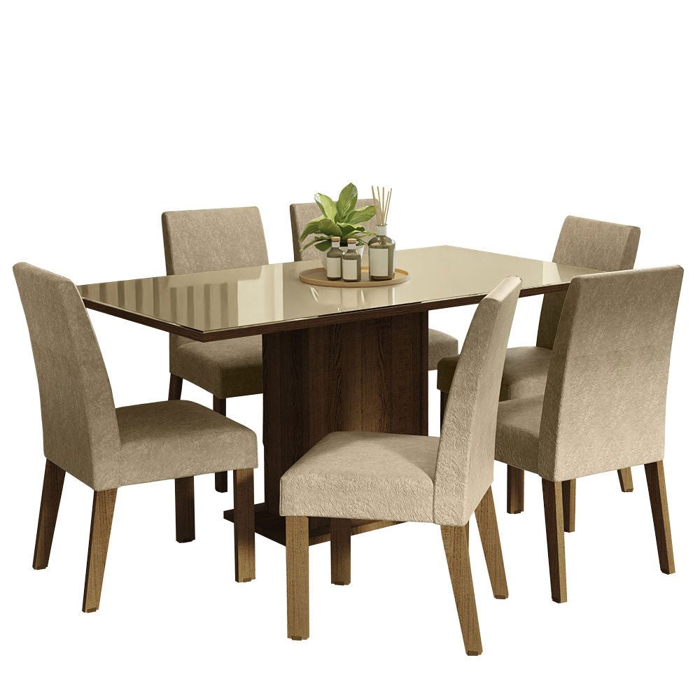Combo Comedor y Sillas Alexis Marron y Crema 160x80cm Cuadrado de Seis Puestos con Seis Sillas - COMEDORES | Bylmo