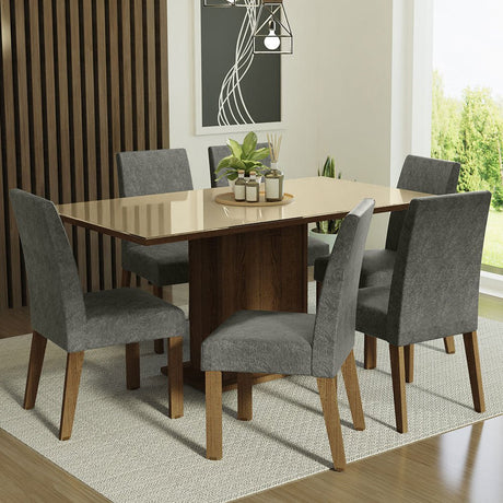 Combo Comedor y Sillas Alexis Marron con Crema y Plata 160x80cm Cuadrado de Seis Puestos con Seis Sillas - COMEDORES | Bylmo