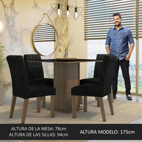 Combo Comedor y Sillas Anaju Marron y Negro Oxford 90x78cm Cuadrado de Cuatro Puestos con Cuatro Sillas - COMEDORES | Bylmo