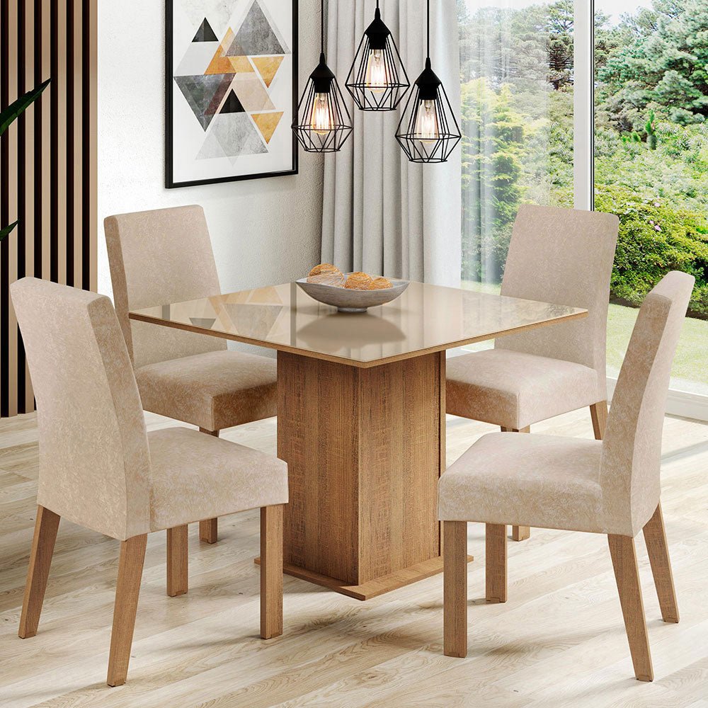 Combo Comedor y Sillas Evelin Marron y Crema 90x78cm Cuadrado de Cuatro Puestos con Cuatro Sillas - COMEDORES | Bylmo