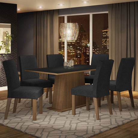 Combo Comedor y Sillas Luciana Marron y Negro Oxford 160x79cm Cuadrado de Seis Puestos con Seis Sillas - COMEDORES | Bylmo