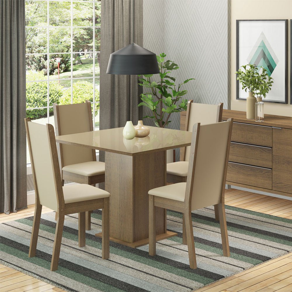 Combo Comedor y Sillas Moscou Marron con Crema y Beige 90x78cm Cuadrado de Cuatro Puestos con Cuatro Sillas - COMEDORES | Bylmo