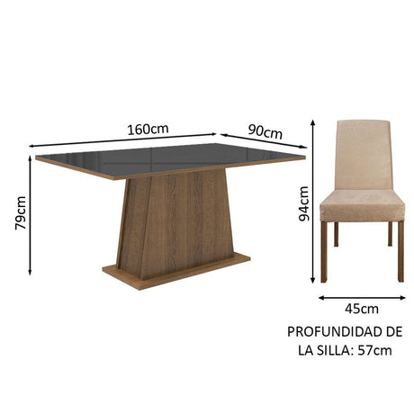 Combo Comedor y Sillas Patricia Marron y Negro 160x79cm Cuadrado de Seis Puestos con Seis Sillas - COMEDORES | Bylmo
