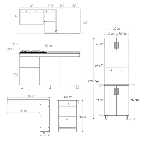Cocina Integral Rosy Rovere 150x190cm Con Mesón y Con Barra Auxiliar Lado Derecha - COCINAS | Bylmo