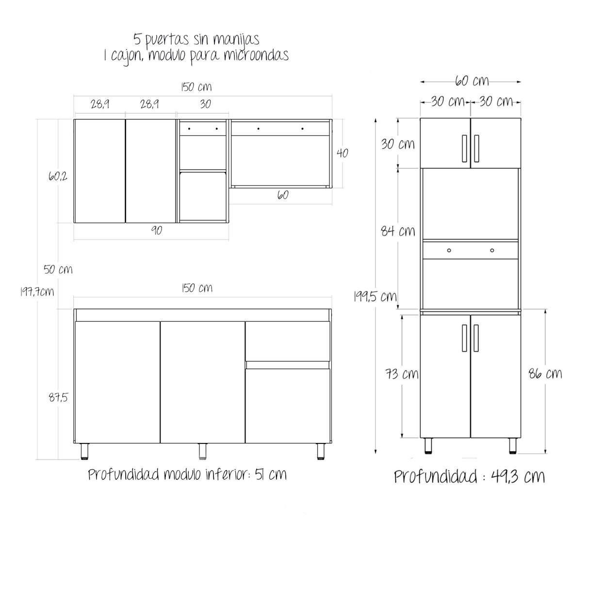 Cocina Integral Rosy Rovere 150x190cm Sin Mesón y Con Alacena - COCINAS | Bylmo