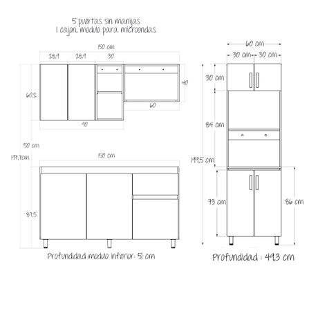 Cocina Integral Rosy Rovere 150x190cm Sin Mesón y Con Alacena - COCINAS | Bylmo