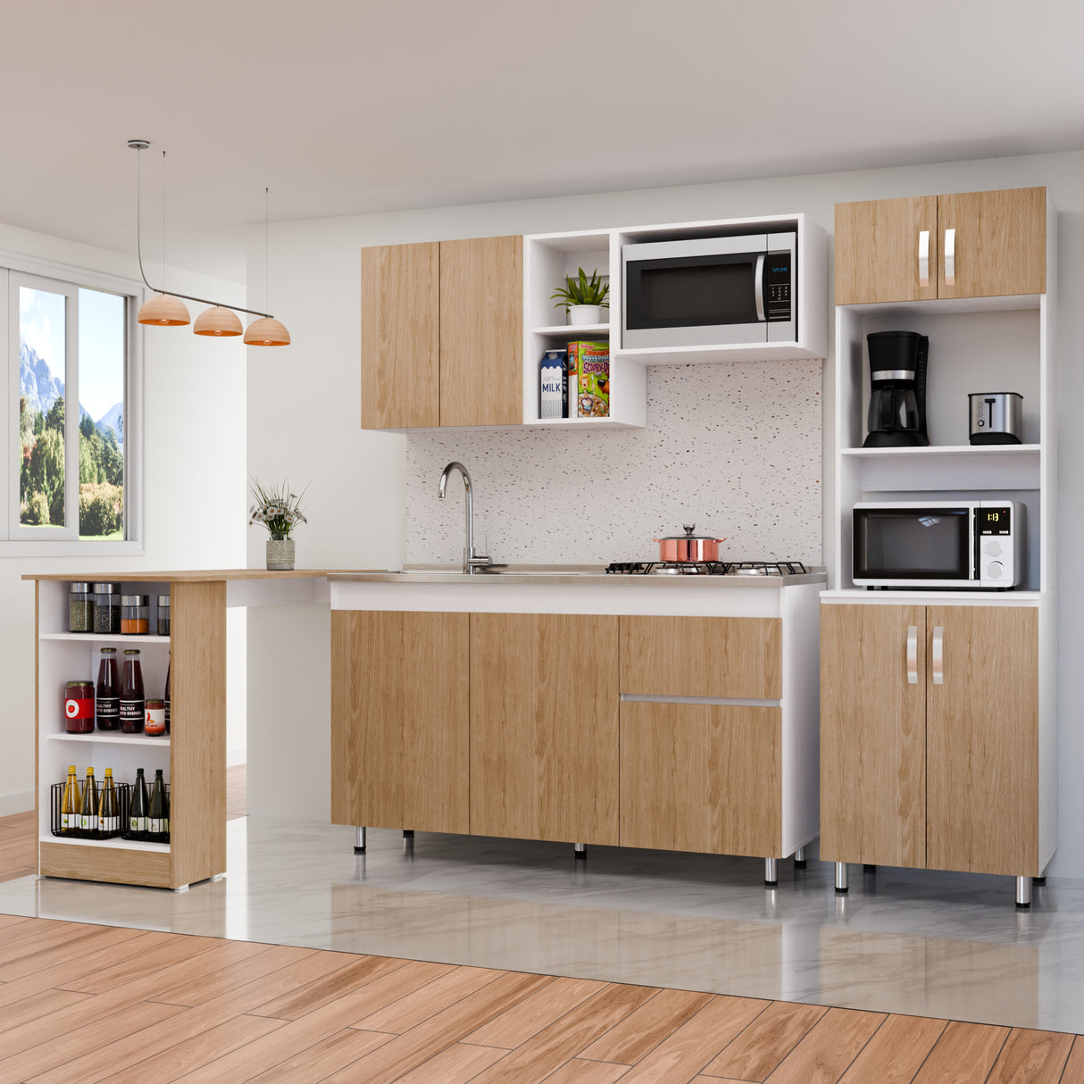 Cocina Integral Rosy Rovere 150x190cm Sin Mesón y con Alacena y Barra Auxiliar - COCINAS | Bylmo