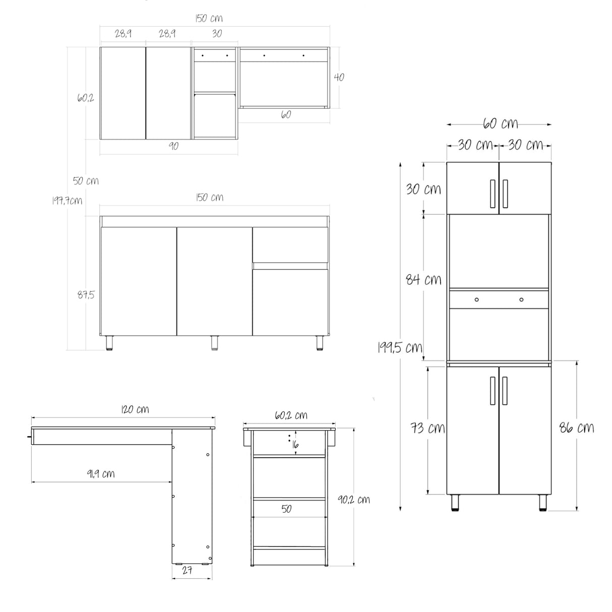 Cocina Integral Rosy Rovere 150x190cm Sin Mesón y con Alacena y Barra Auxiliar - COCINAS | Bylmo