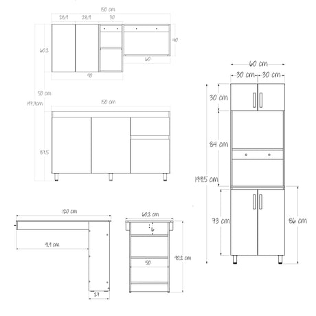 Cocina Integral Rosy Rovere 150x190cm Sin Mesón y con Alacena y Barra Auxiliar - COCINAS | Bylmo