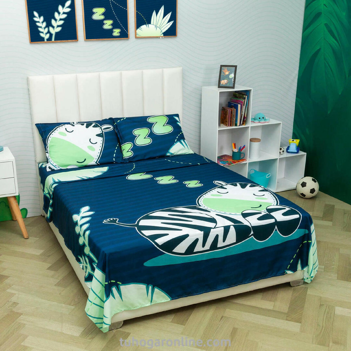 Sábana Infantil Zoo Cebras Azul Oscuro Para Cama Semidoble 120 X 190 Cm - SABANAS | Bylmo
