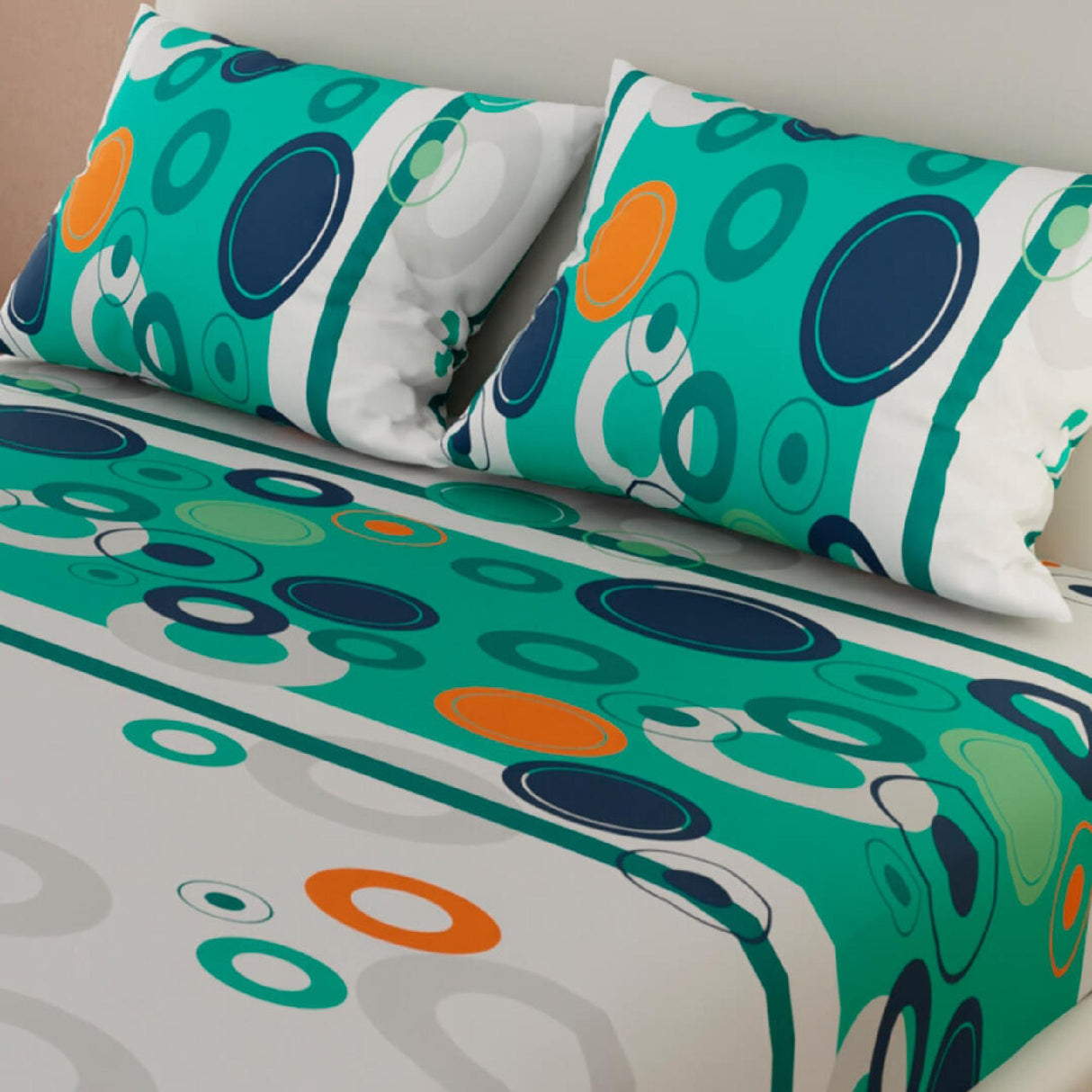 Sábana Ajustable Círculos Verde Aguamarina y Blanco Para Cama Doble 140 X 190 Cm - SABANAS | Bylmo