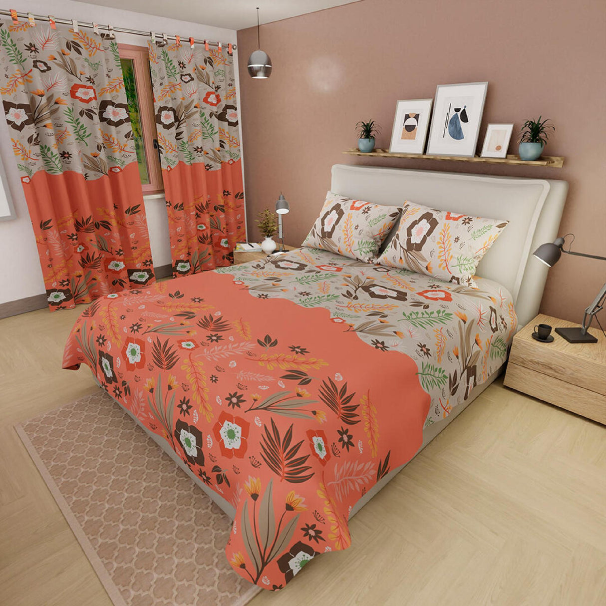 Combo Juego de Sabanas y Cortina Flores Naranja y Blanco Para Cama Doble 140 X 190 Cm - SABANAS | Bylmo