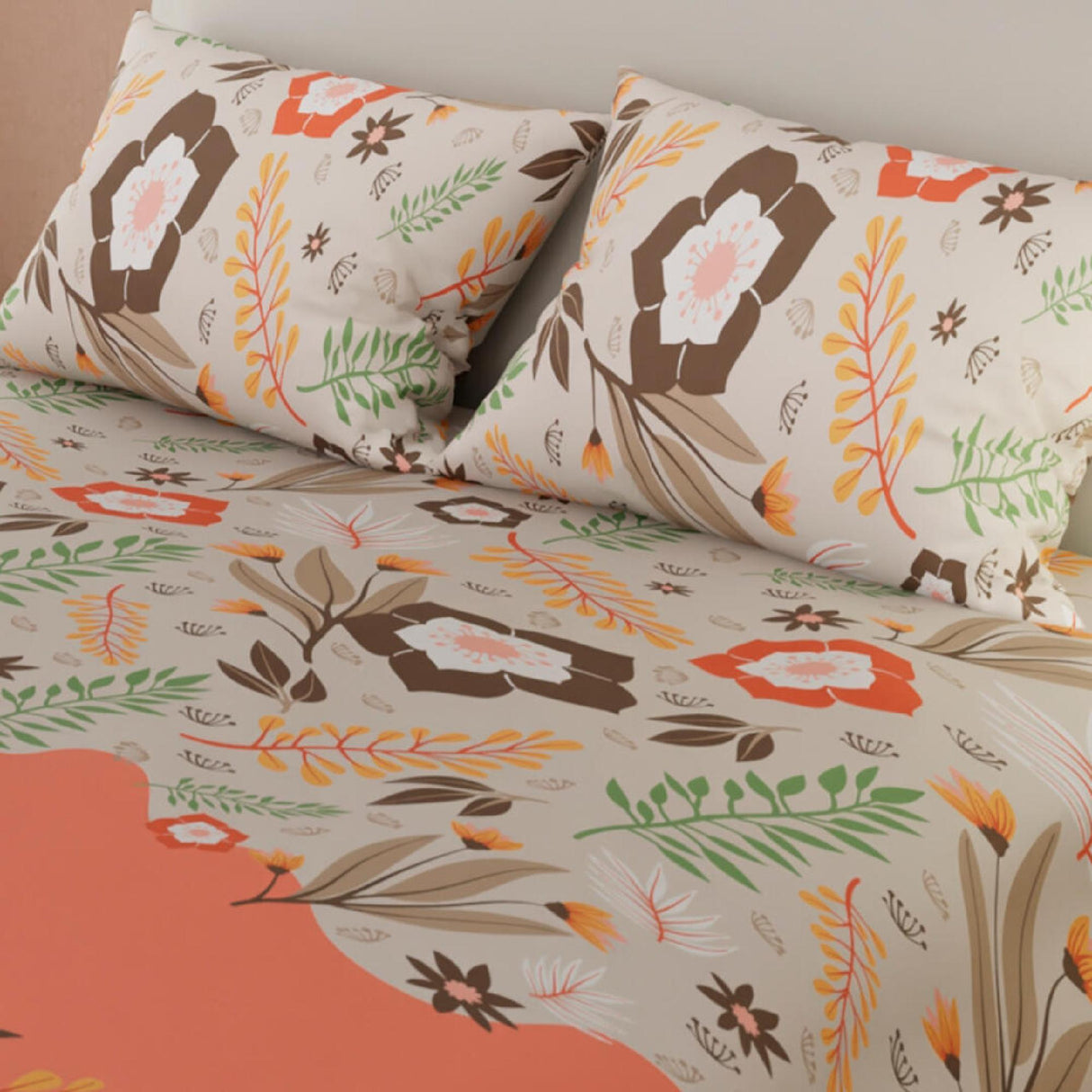 Combo Juego de Sabanas y Cortina Flores Naranja y Blanco Para Cama Doble 140 X 190 Cm - SABANAS | Bylmo